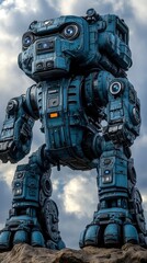 Naklejka premium Quadruped robot, with sensors and cameras, exploring a rocky mountain trail, under cloudy skies