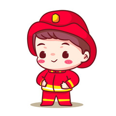 Cute Fire fighter Cartoon Vector Character. Profession Concept Design. Chibi Cartoon Style. Isolated White Background