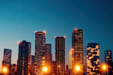Obraz premium A stunning skyline view at dusk, showcasing illuminated skyscrapers against a deep blue sky.