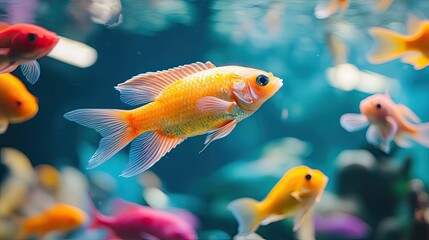 Fototapeta premium Orange Fish Swimming in Aquarium with Blue Background