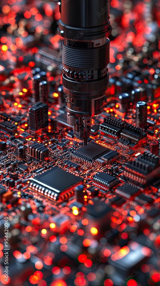 Poster robotic arm assembling a circuit board, with tiny components, in an electronics lab, bright fluoresc