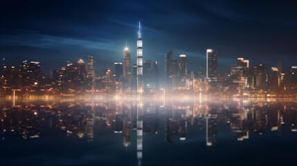 Obraz premium blurred cityscape orange blue skyline at night with twinkling light calm water reflection background