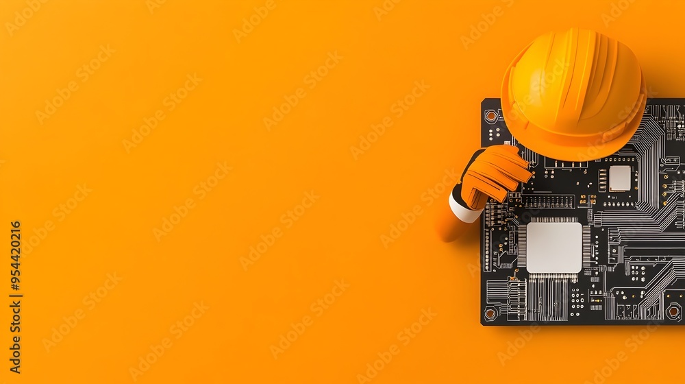 Poster innovative electrical engineer with circuit board in paper cut style