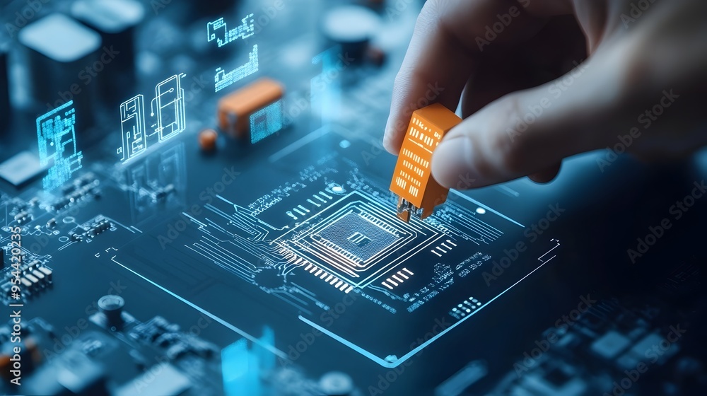 Poster innovative engineer with circuit board in paper cut art style