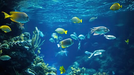 Obraz premium A school of colorful fish swimming through blue water