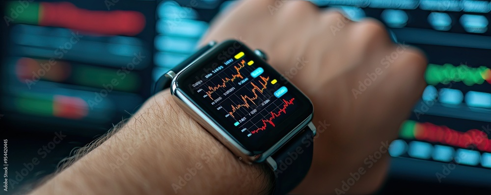 Poster close-up of a smartwatch displaying health metrics while a person interacts with a data screen in th