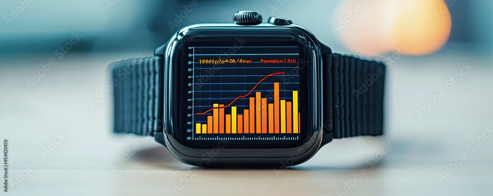 Poster close-up of a smartwatch displaying financial data with a colorful bar graph on the screen, perfect 