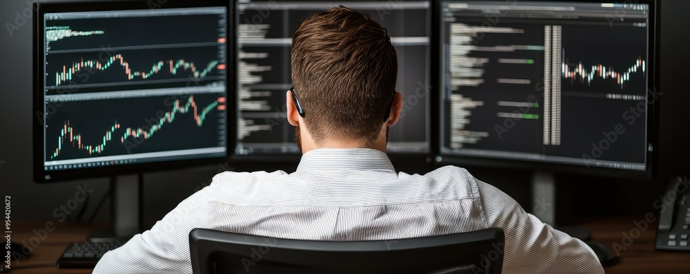 Poster focused individual analyzing market data on multiple screens for trading insights in a modern worksp