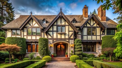 Tudor-style home with intricate half-timbering and arched entryway, perfect for capturing old-world charm, Tudor