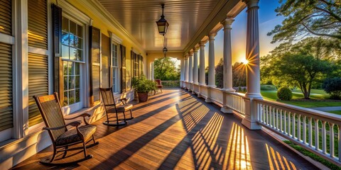 Sunlight casting long shadows on colonial porch, inviting relaxation, Sunlight, shadows, porch, colonial-style, home