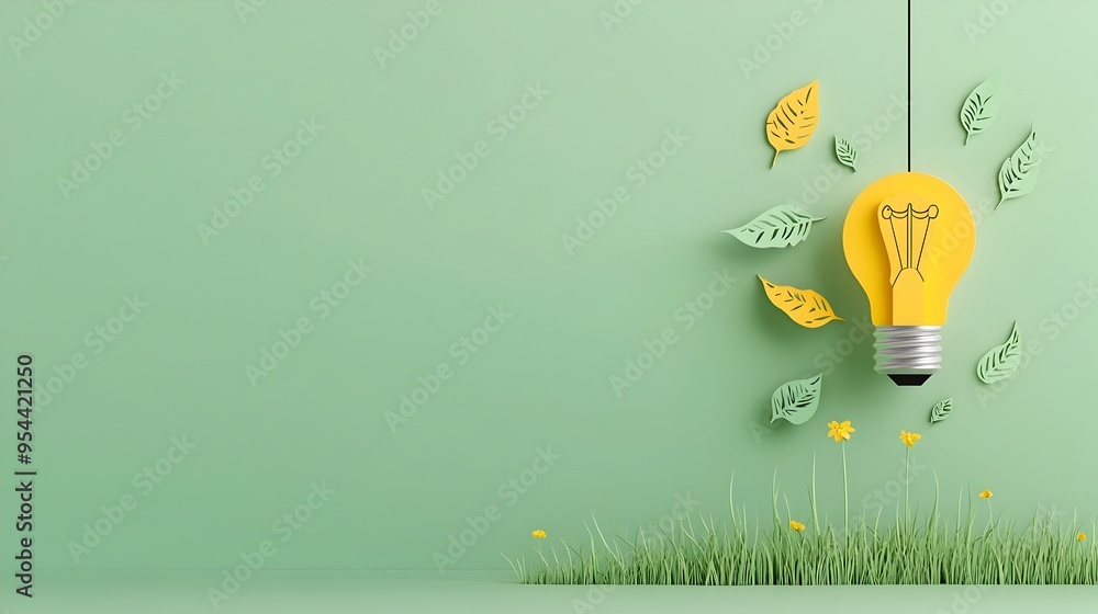 Poster light bulb with leaves representing energy efficiency in paper cut style