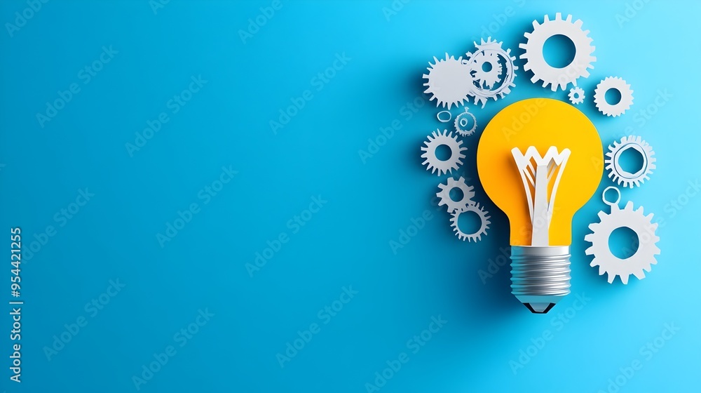 Poster Lightbulb with Gears Representing Innovation in Paper Cut Style
