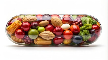 Close-up of pill with blend of fruits, vegetables, nuts, and beans for health and wellness , health, wellness, natural, pill