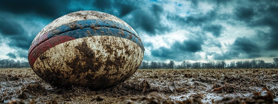 Rugby ball on the ground, with a muddy texture, under cloudy sky on a field
