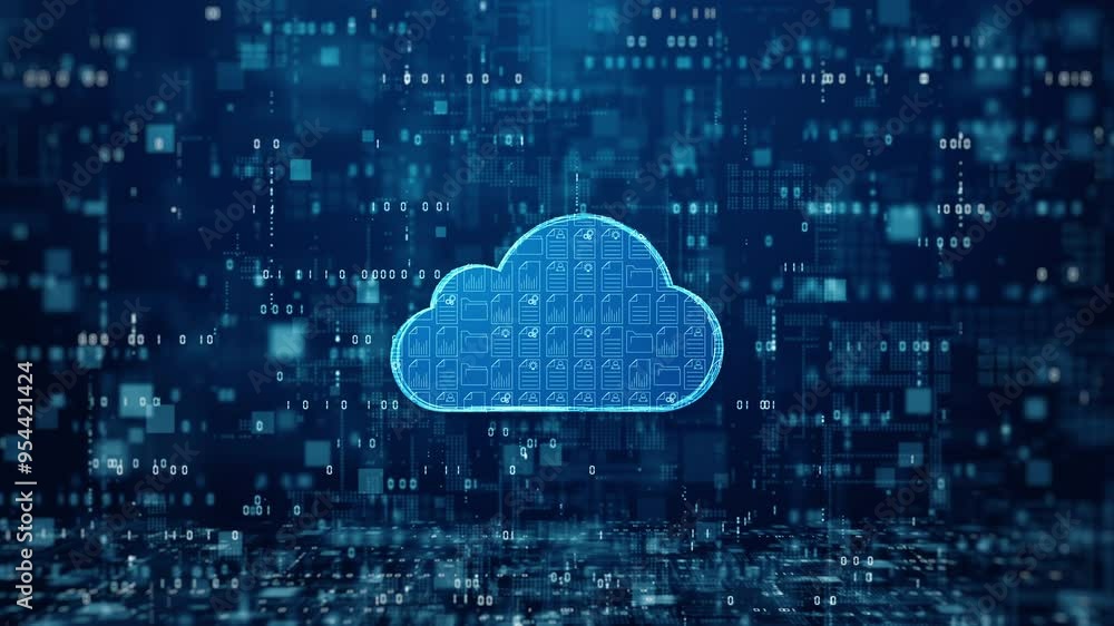 Aufkleber Cloud data storage network featuring a glowing cloud icon connected to various file types on digital interface. Perfect for illustrating cloud computing, data storage, and online security concepts.