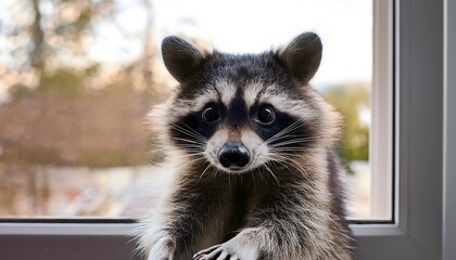 A curious raccoon standing on its hind legs, peering into a window with wide, inquisitive eyes