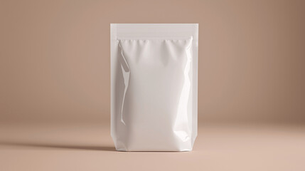 White blank packaging pouch on soft beige background. Empty copy space for design