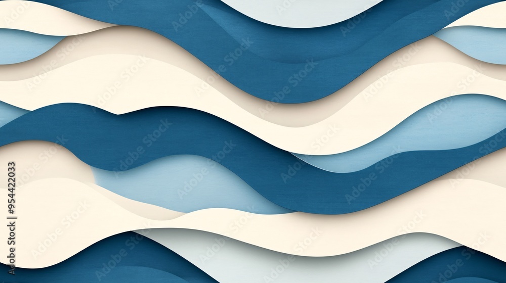 Poster azure waves abstract: a captivating seamless pattern of layered waves in serene blue and white hues,