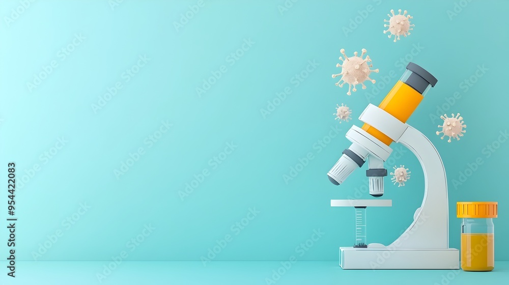 Poster microscope with virus symbolizing microbiology research in paper cut style