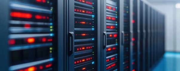 Obraz premium A dynamic image of a telecommunication data center with racks of servers, telecommunication, data center, servers