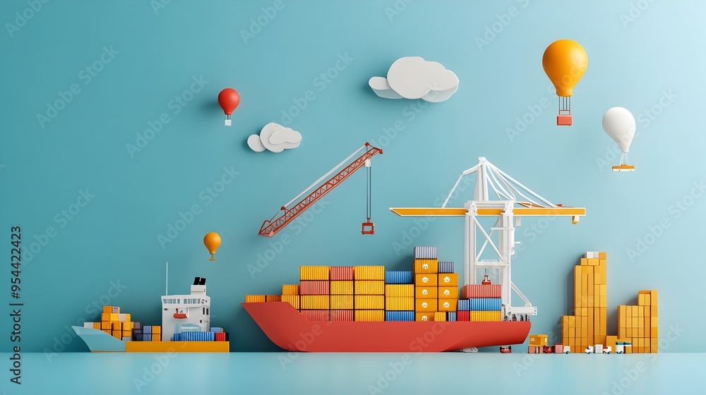 Poster Minimalist Paper Art Depicting Port with Cranes and Containers for Import and Export Logistics