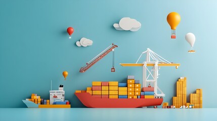 Obraz premium Minimalist Paper Art Depicting Port with Cranes and Containers for Import and Export Logistics