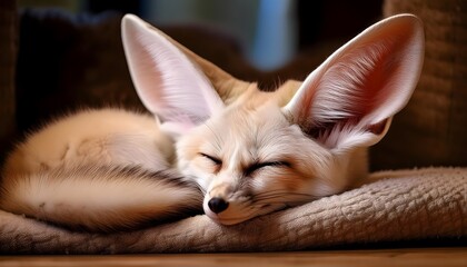 A fennec fox curled up on a cozy blanket inside a home.