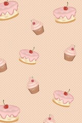 strawberry cake with cherry and cupcakes 