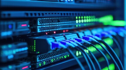 A network diagram showing interconnected servers, routers, and switches, telecommunication, network, servers