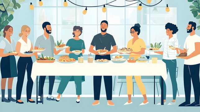 A diverse group of people enjoying a community potluck dinner