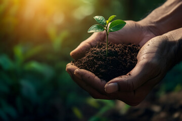 Nurturing Growth: Hands Holding a Small Sapling in Rich Soil