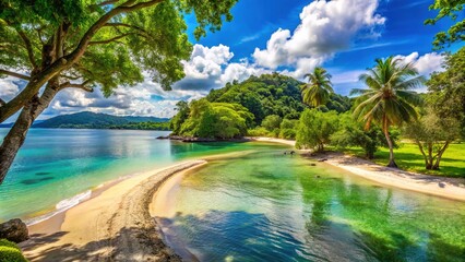 Scenic Park Setting With A Sandy Beach, Lush Greenery, And Clear Waters