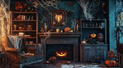 The interior of the living room is festively decorated for Halloween, showcasing a shelf unit adorned with spooky decorations and a mantelpiece draped with cobwebs, candles, and seasonal accents. .