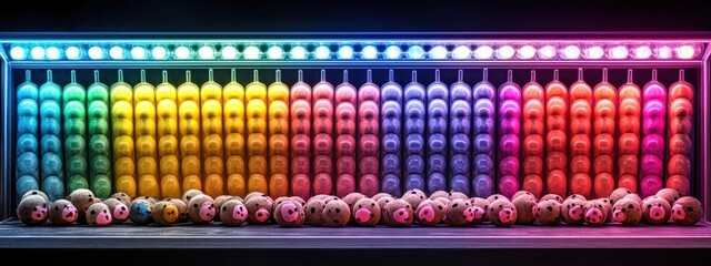 Fototapeta premium Whack-a-mole game, with colorful mallets and popping moles, under bright game booth lighting