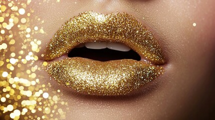  Close-up shot of a woman's lips with gold glitter at the top and bottom