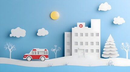 Minimalist Paper Cut Style Hospital Building with Ambulance Representing Emergency Care
