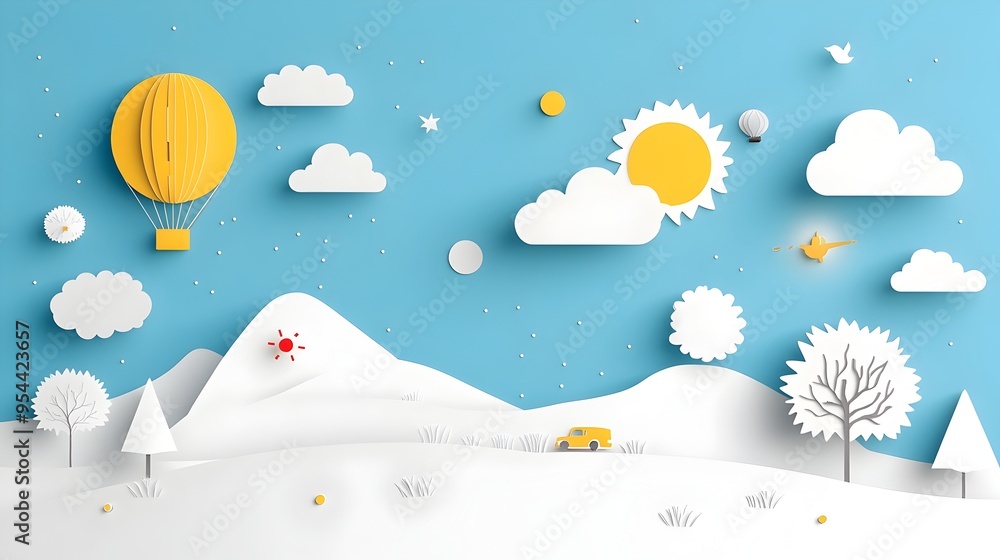 Poster minimalist paper cut weather forecast map with symbolic icons