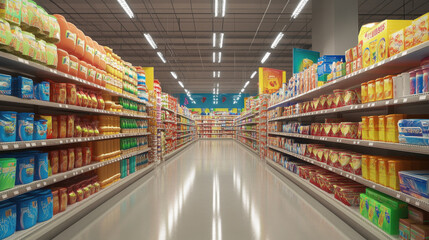 Hyper-realistic scene of a retail aisle lined with perfectly stacked products, with bright, even