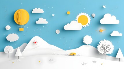 Naklejka premium Minimalist Paper Cut Weather Forecast Map with Symbolic Icons