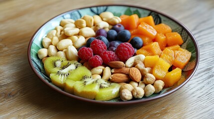 Bowl of Fresh Fruit and Nuts on Wooden Table