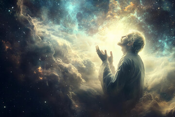 Man Reaching for the Divine in a Celestial Universe