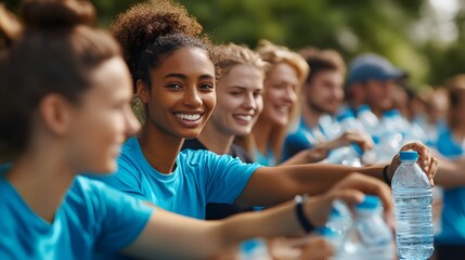 A diverse group of volunteers handing out water at a charity race