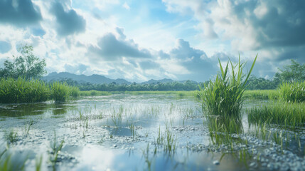 Fototapeta premium Hyper-realistic scene of a rice paddy after a light rain, with the reflection of the sky