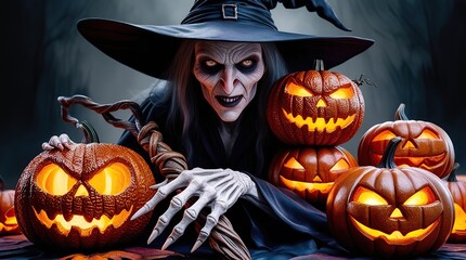 Halloween themed watercolor background featuring pumpkins and a witch