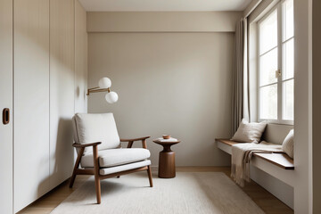 Fototapeta premium A cozy reading nook with Scandinavian and mid-century modern influences, featuring a minimalist armchair