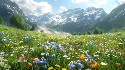 Colorful alpine meadow with vibrant wildflowers and backdrop of majestic snow-capped mountains for scenic beauty natural harmony and mountain landscape concept.