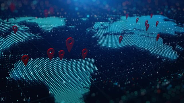 Digital world map with red location pins marking various points across continents, symbolizing global tracking, network coverage, and data analytics.