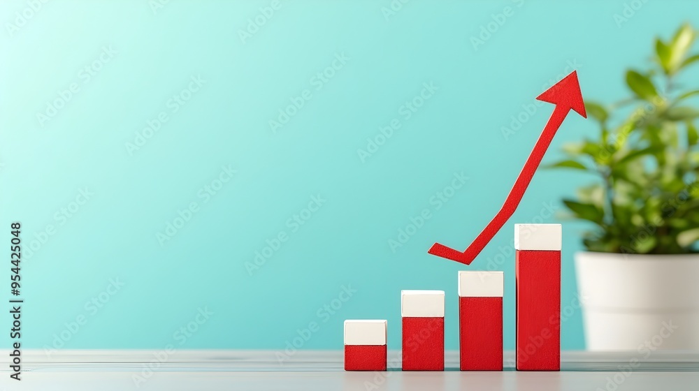 Poster Paper Cut Style Bar Graph with Growth Arrow Showing Business Analytics and Data Visualization