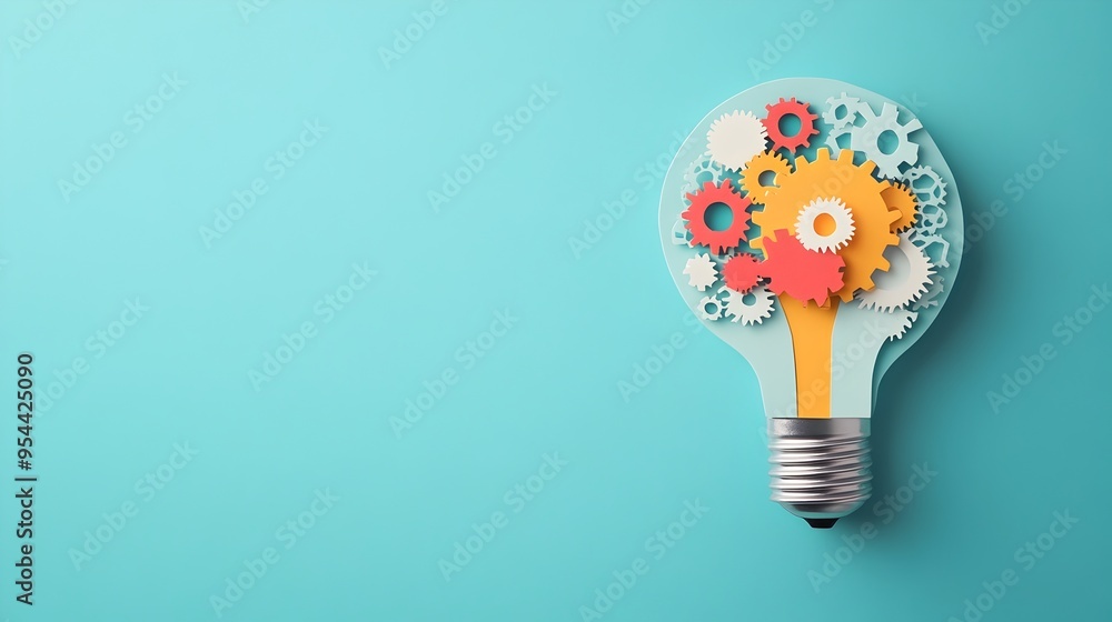 Poster paper cut style lightbulb with gears representing innovation