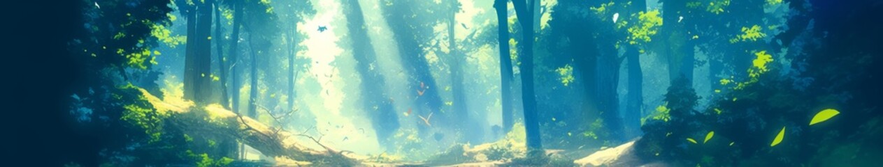 Enchanted Anime Forest: Sunlit Canopy and Lone Bird's Song. Mystical Landscape for Game Art, Storybook Illustrations, and Home Decor. Serene 4K Wallpaper with Soft Colors and Abstract Charm, Perfect f